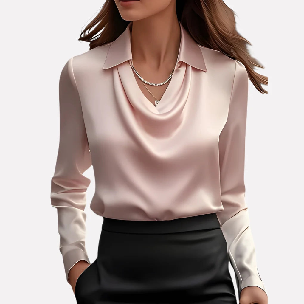 Blouse Satin-Like Draped Neckline Loose Fit