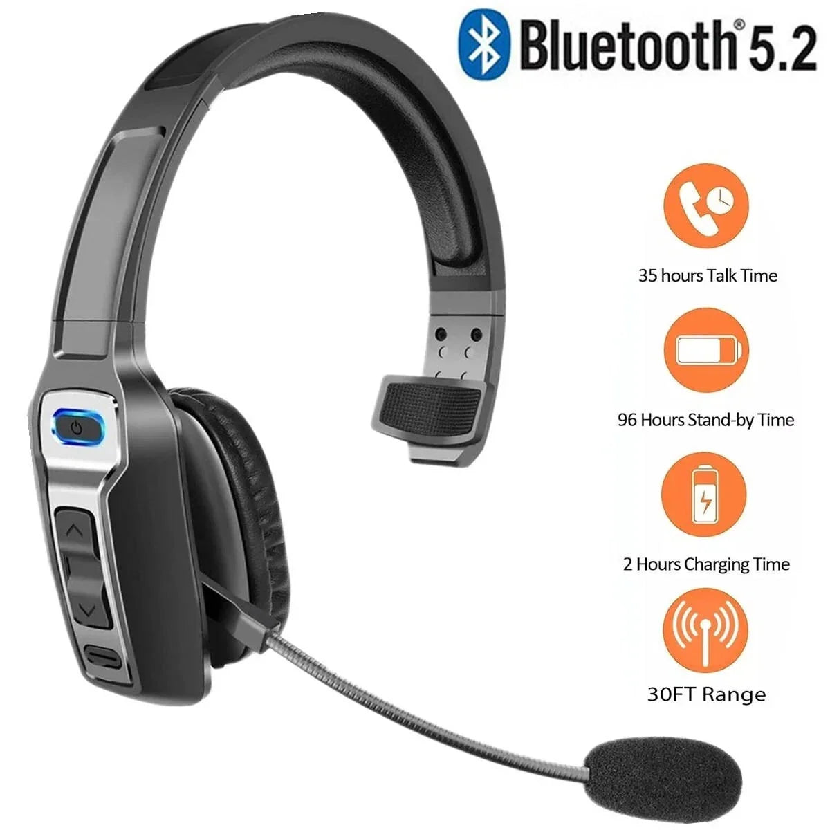 Bluetooth Headset Noise-Cancelling Boom Microphone 35-Hour Talk Time