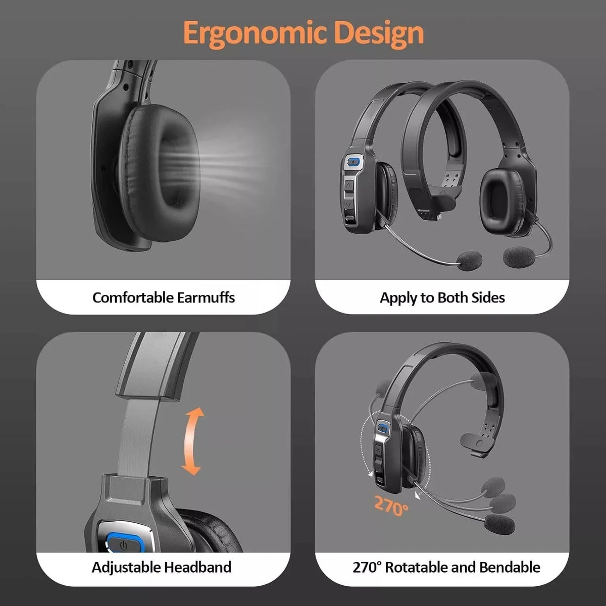 Bluetooth Headset Noise-Cancelling Boom Microphone 35-Hour Talk Time