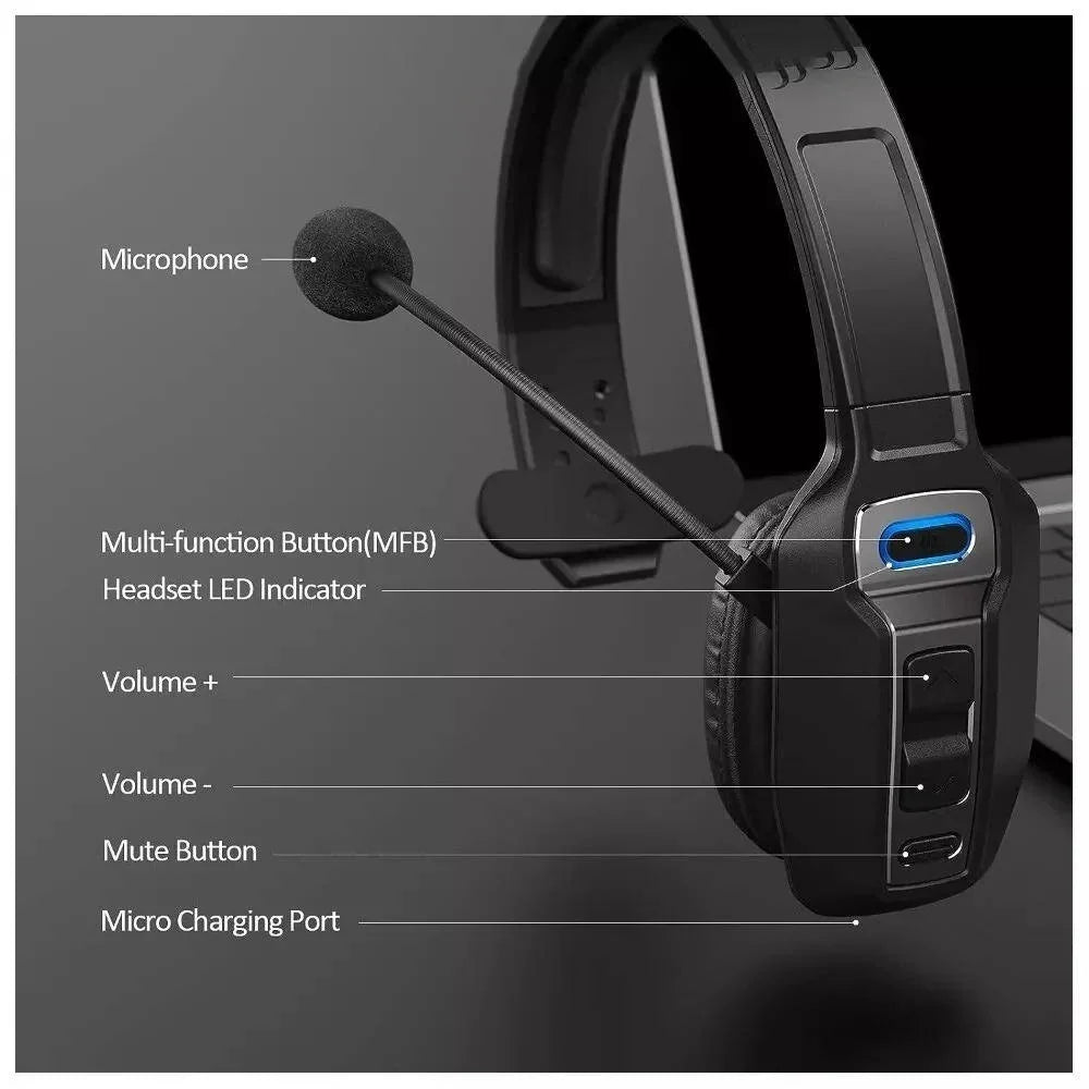 Bluetooth Headset Noise-Cancelling Boom Microphone 35-Hour Talk Time