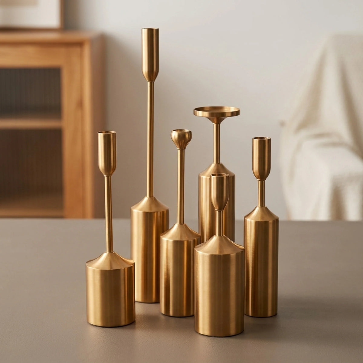 Candlestick Set Sculptural Gold Metal