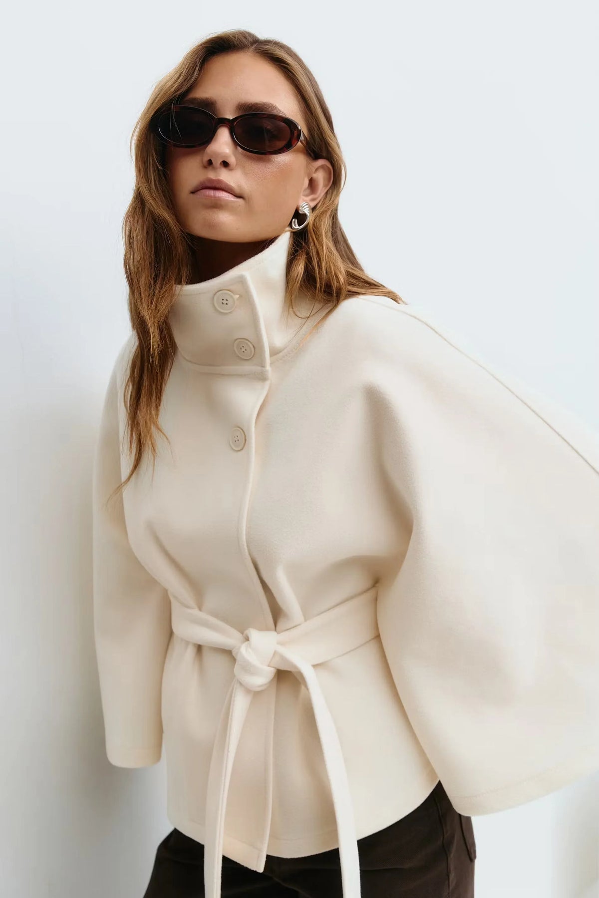 Cape Coat Tie Belt High Collar Button Closure