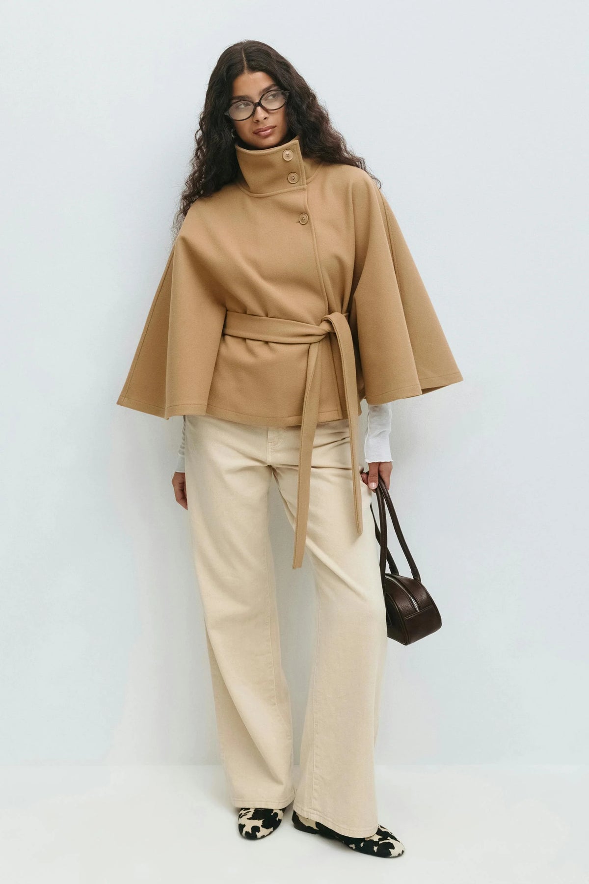 Cape Coat Tie Belt High Collar Button Closure