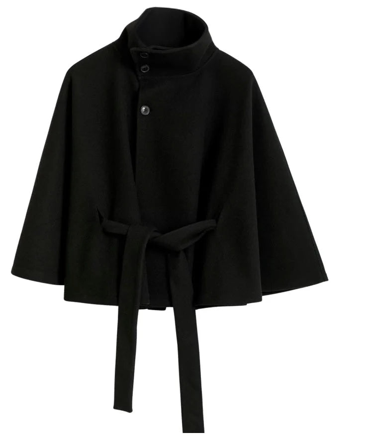 Cape Coat Tie Belt High Collar Button Closure