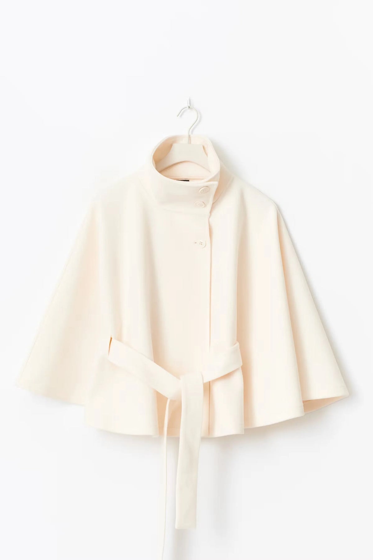 Cape Coat Tie Belt High Collar Button Closure