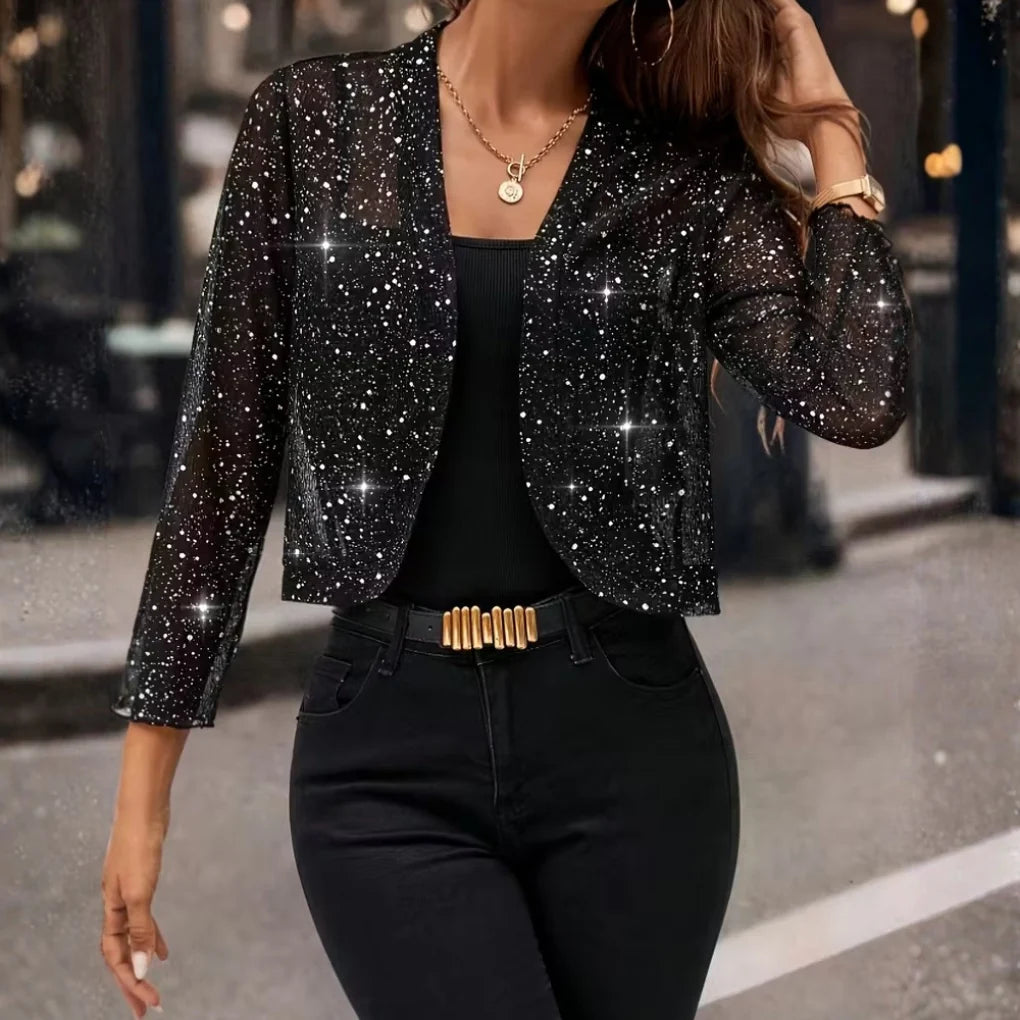 Cardigan Sparkling Sequin Open Front Loose Fit