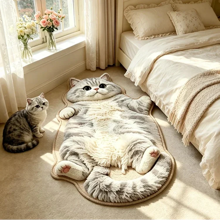 Cat Shaped Rug Soft Polyester Pile Washable Non-Slip Backing