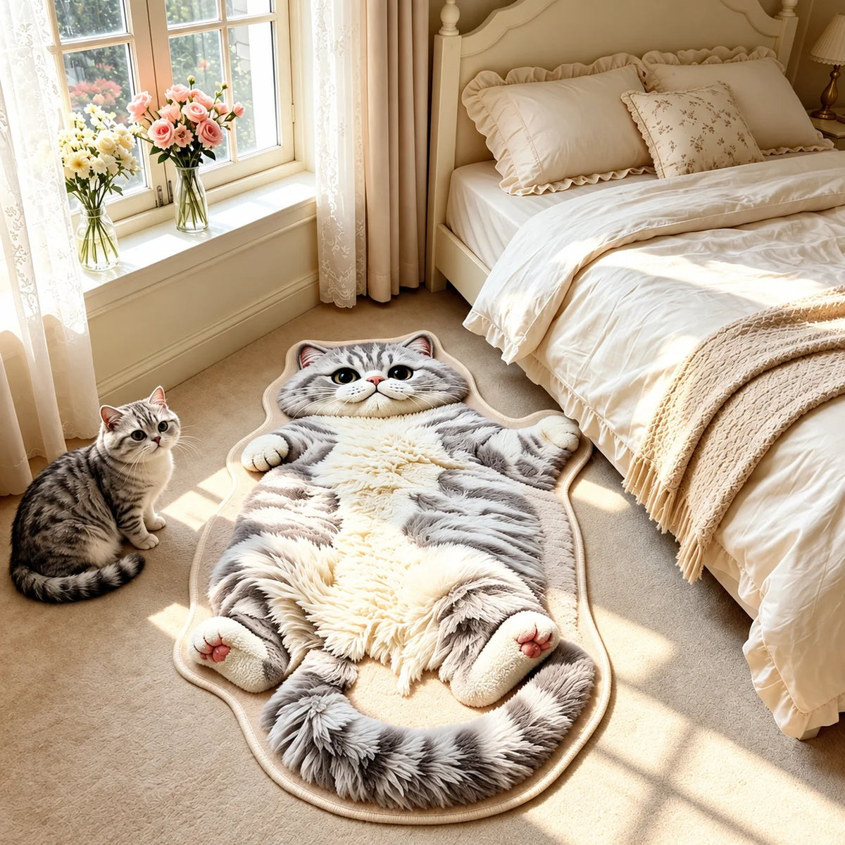 Cat Shaped Rug Soft Polyester Pile Washable Non-Slip Backing