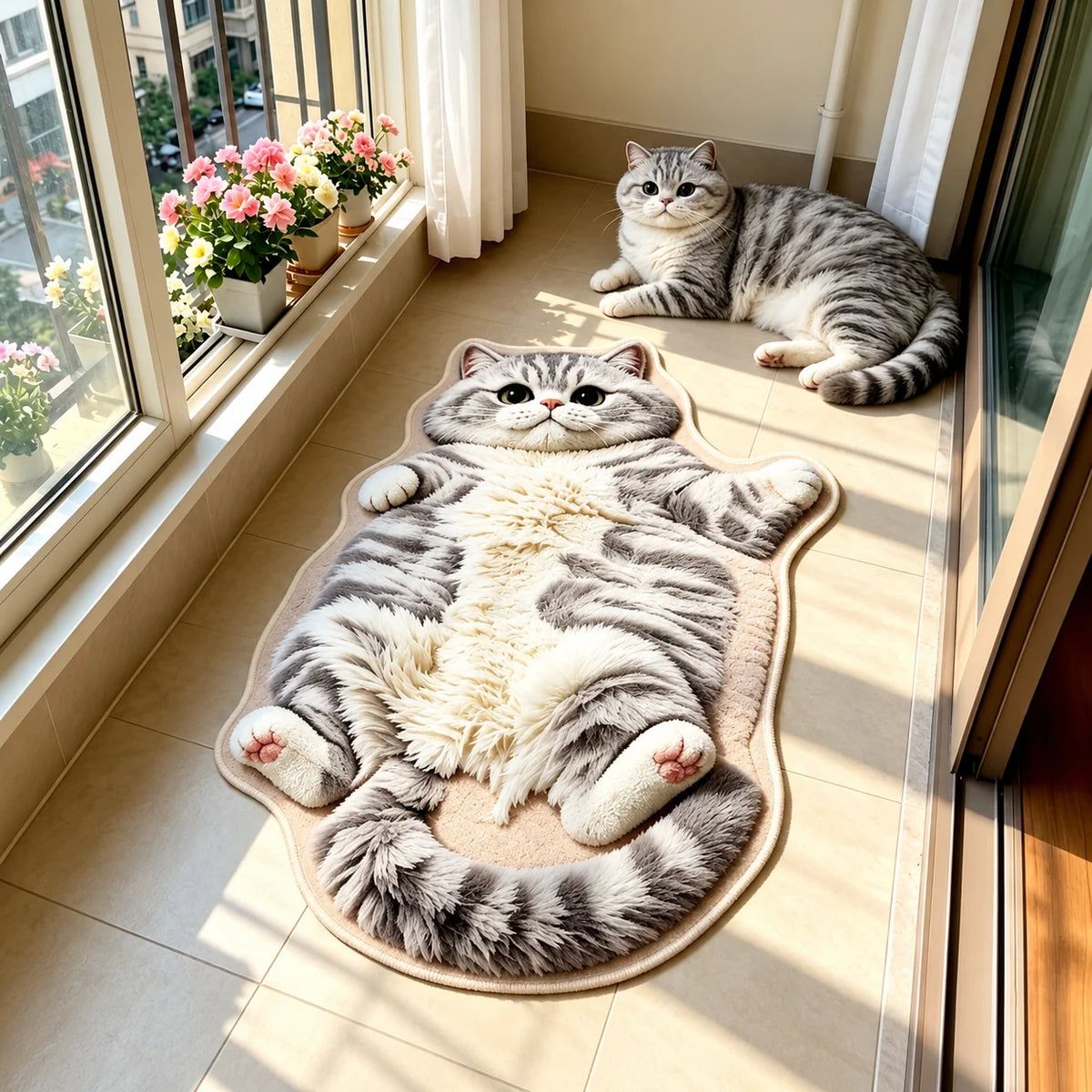 Cat Shaped Rug Soft Polyester Pile Washable Non-Slip Backing