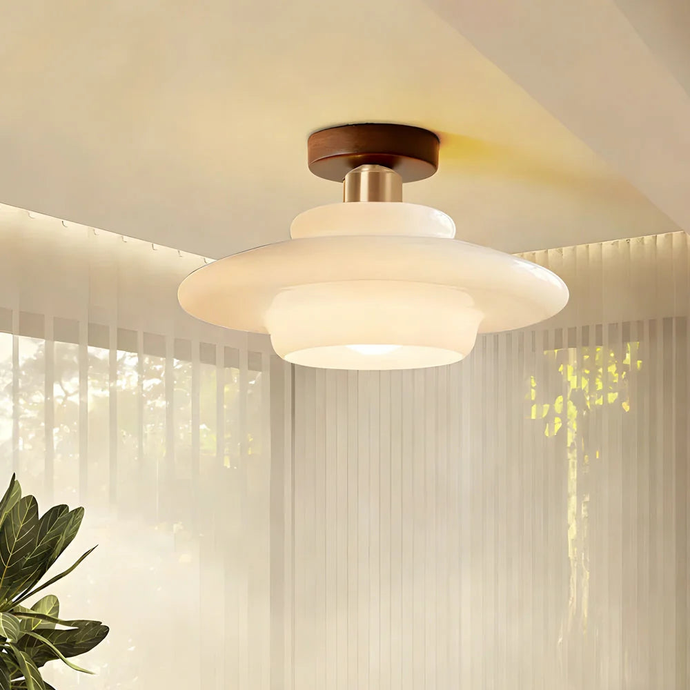Ceiling Light Solid Walnut & Glass E27 LED Included