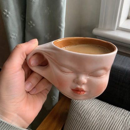 Ceramic Coffee Mug Sculpted Face Glossy Blush Pink 7.4 Oz