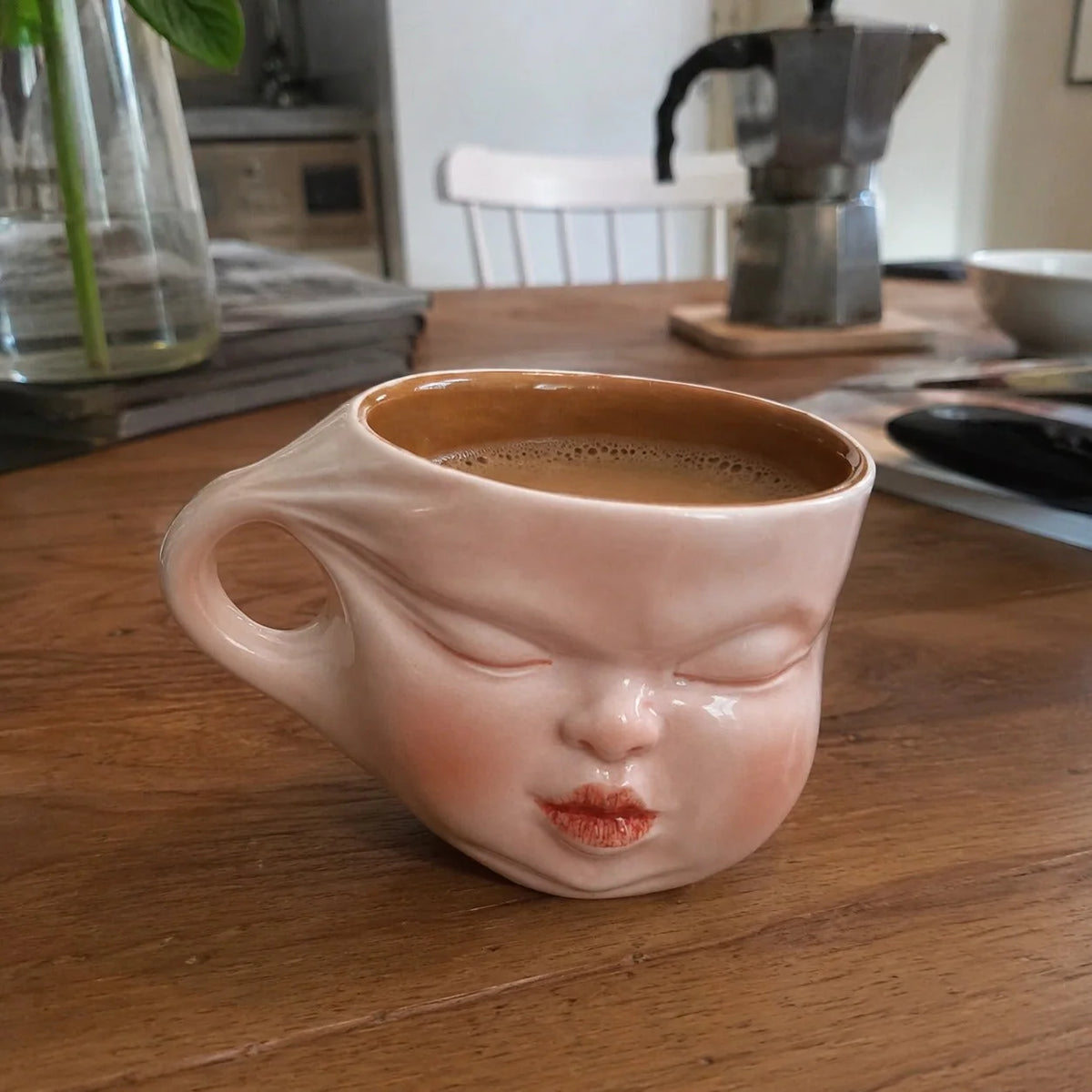 Ceramic Coffee Mug Sculpted Face Glossy Blush Pink 7.4 Oz