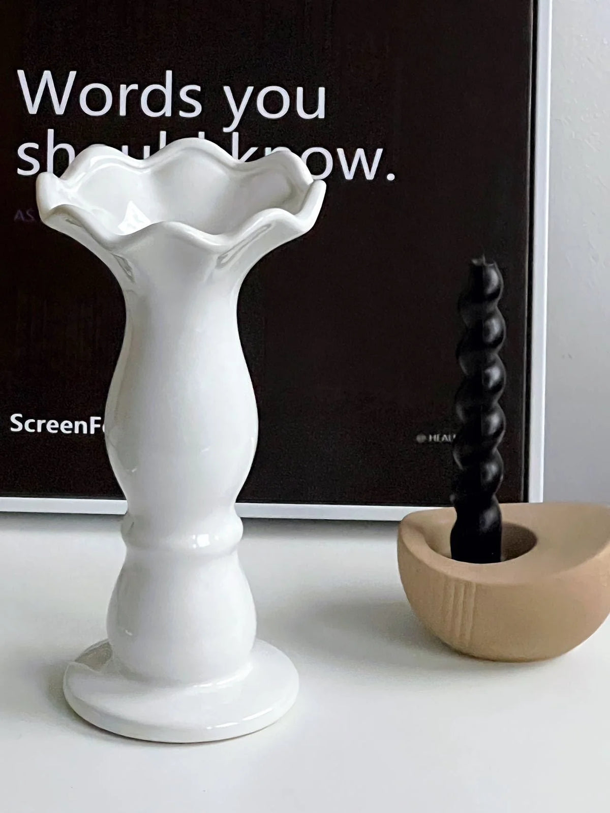 Ceramic Vase Grooved Top & Footed Base Glossy Finish