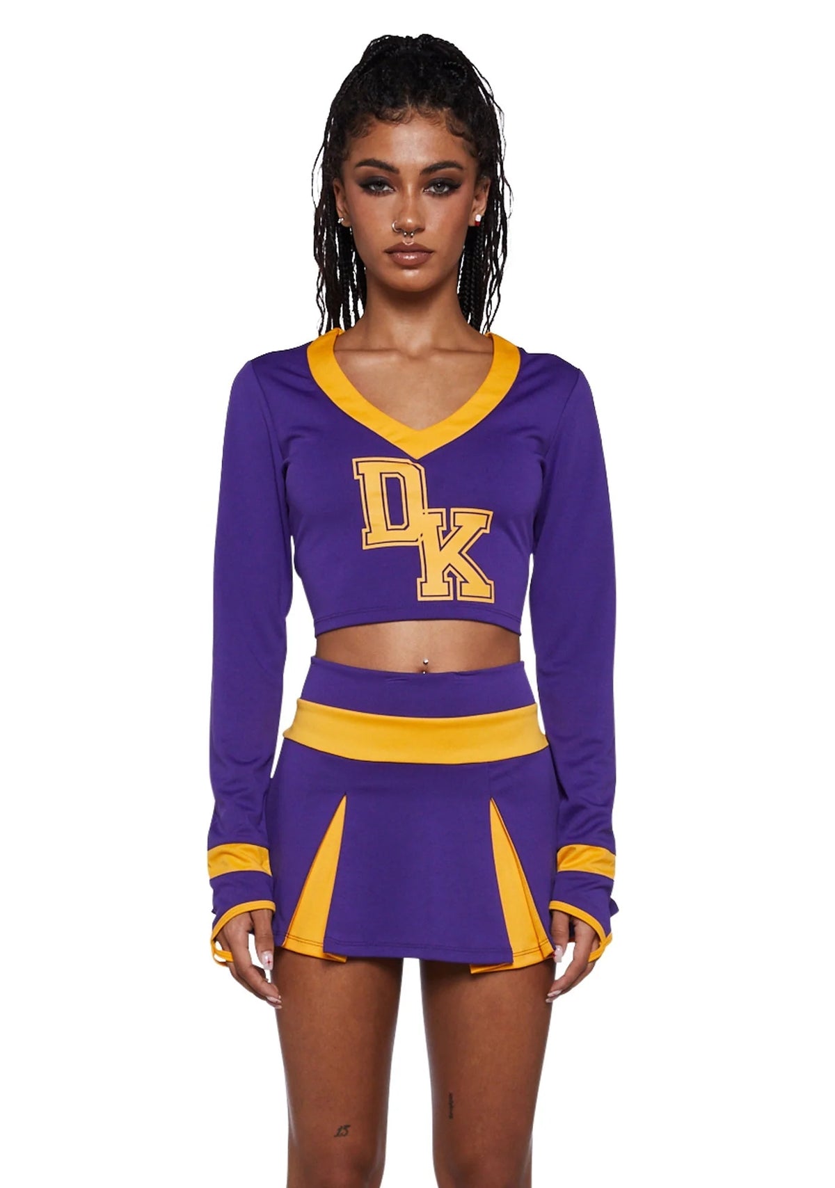Cheerleader Costume Cropped Top Pleated Skirt Purple Yellow
