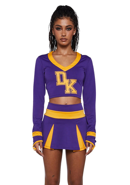 Cheerleader Costume Cropped Top Pleated Skirt Purple Yellow