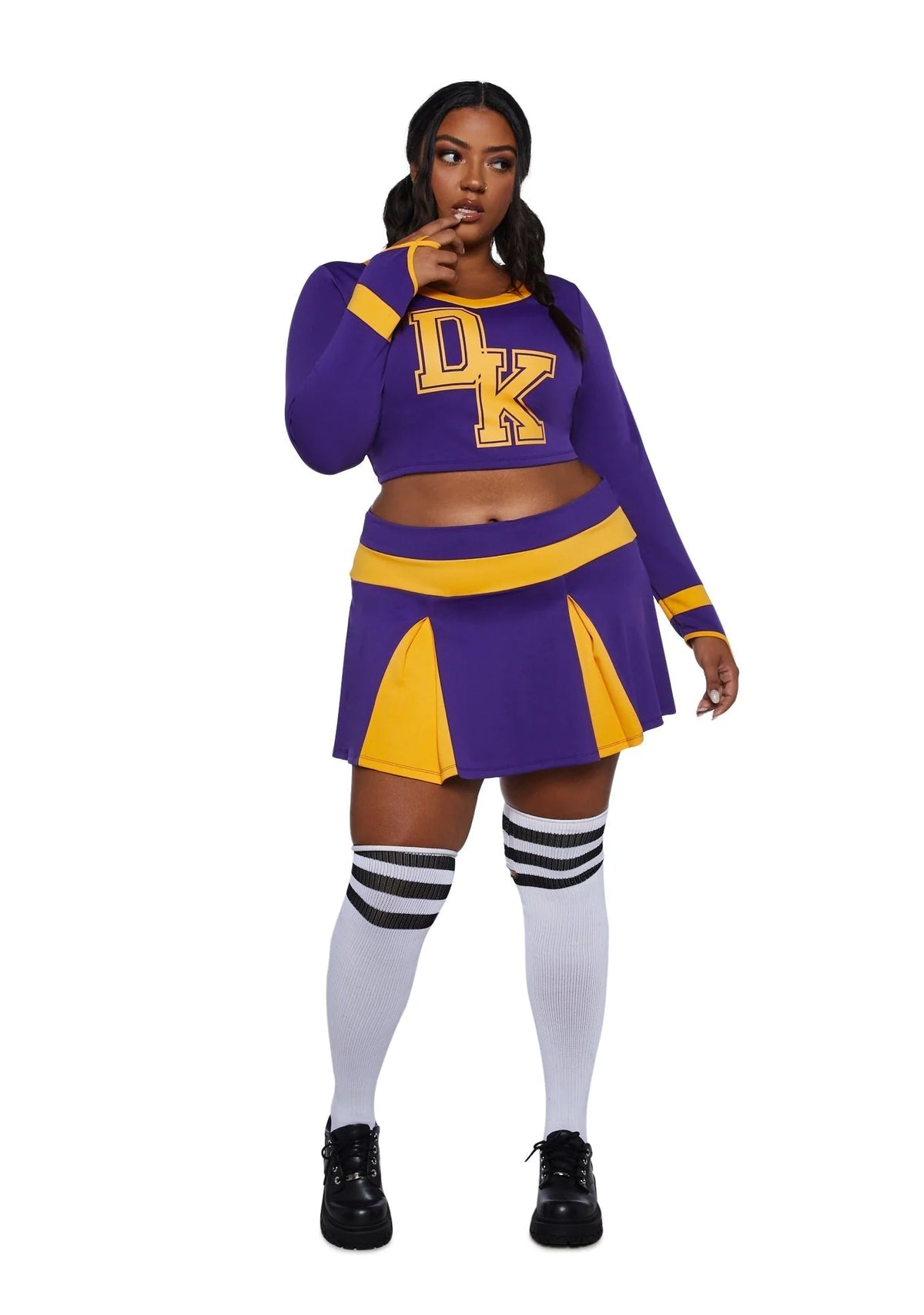 Cheerleader Costume Cropped Top Pleated Skirt Purple Yellow