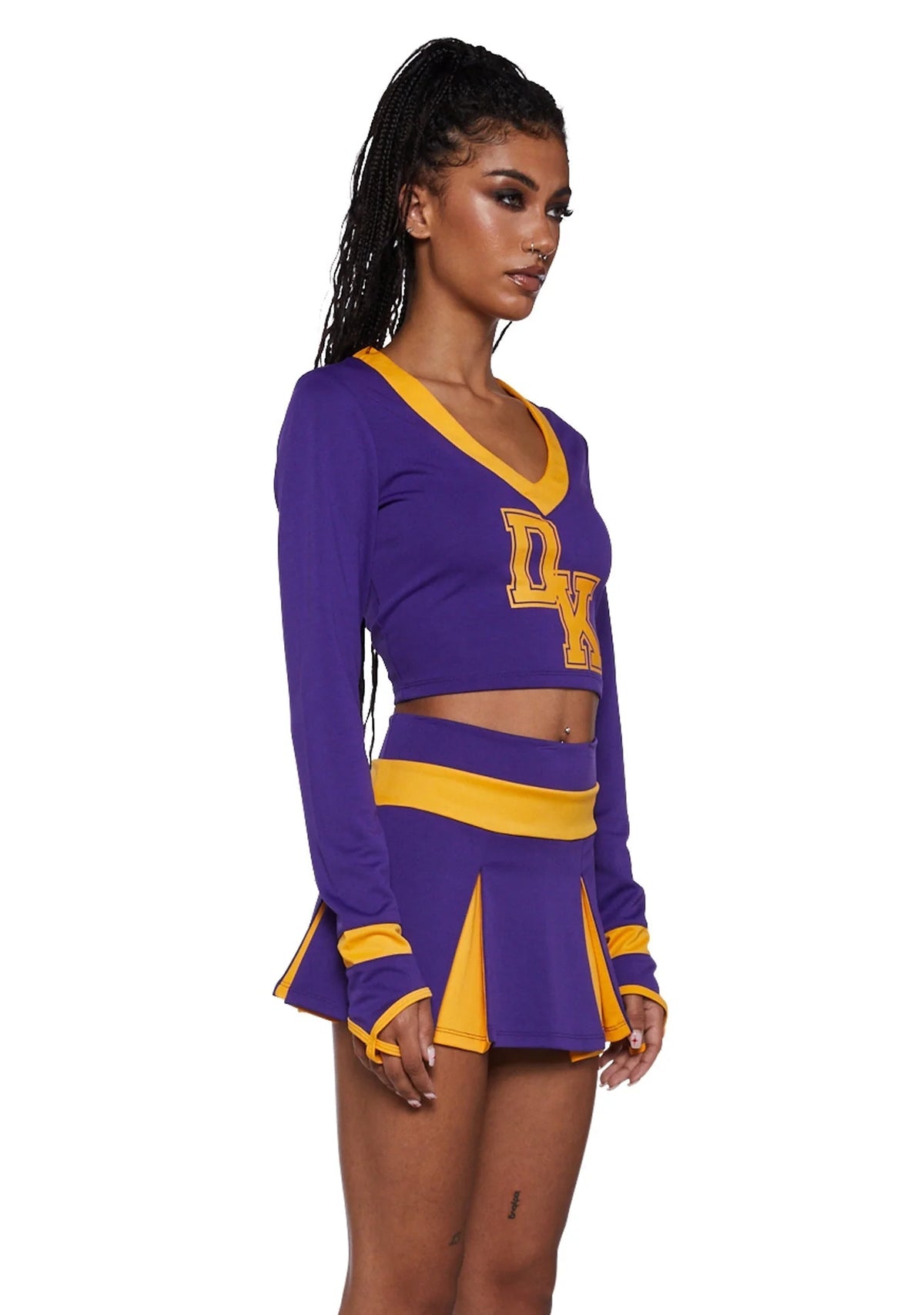 Cheerleader Costume Cropped Top Pleated Skirt Purple Yellow