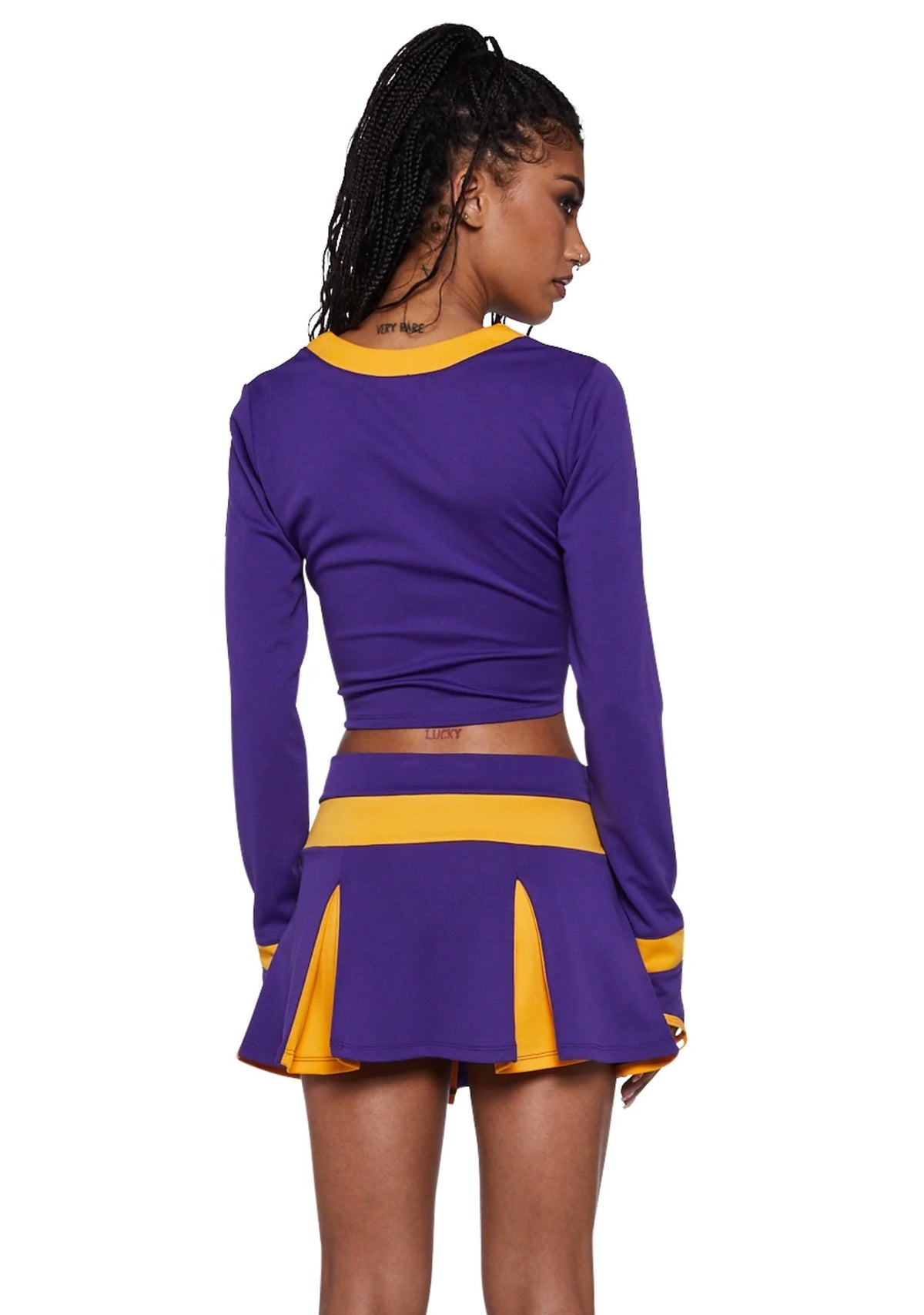 Cheerleader Costume Cropped Top Pleated Skirt Purple Yellow