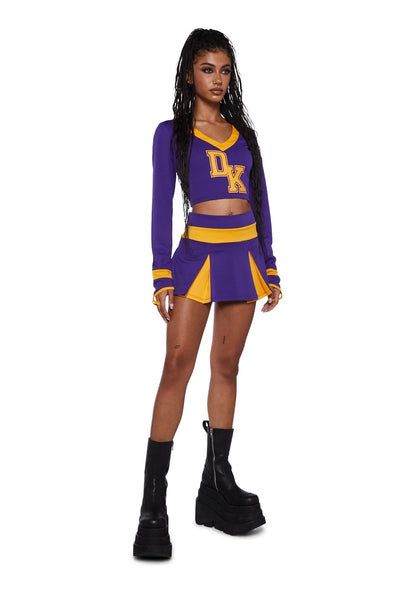 Cheerleader Costume Cropped Top Pleated Skirt Purple Yellow