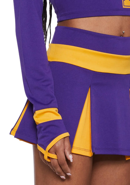 Cheerleader Costume Cropped Top Pleated Skirt Purple Yellow