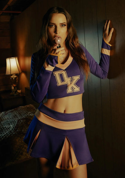 Cheerleader Costume Cropped Top Pleated Skirt Purple Yellow