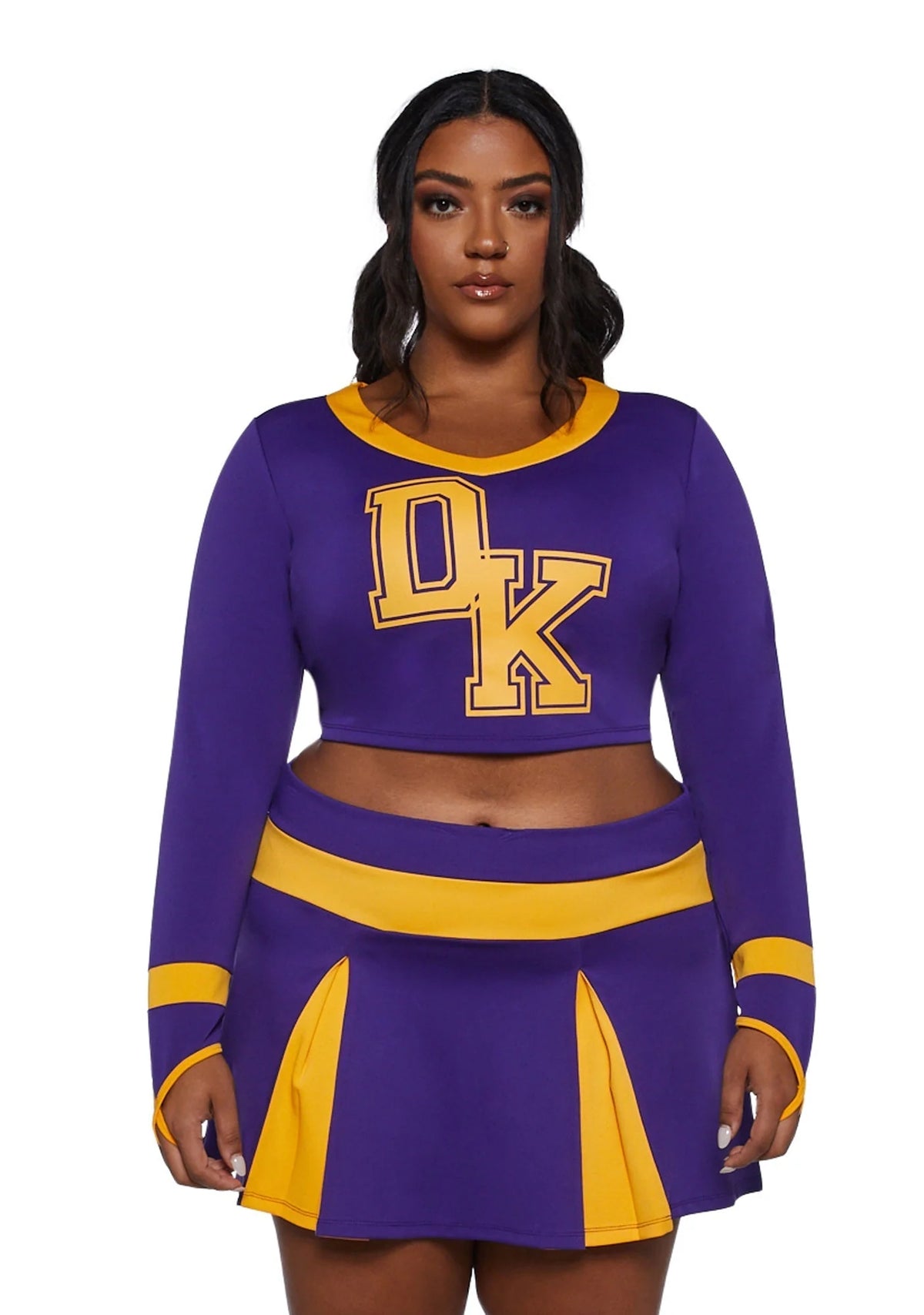 Cheerleader Costume Cropped Top Pleated Skirt Purple Yellow