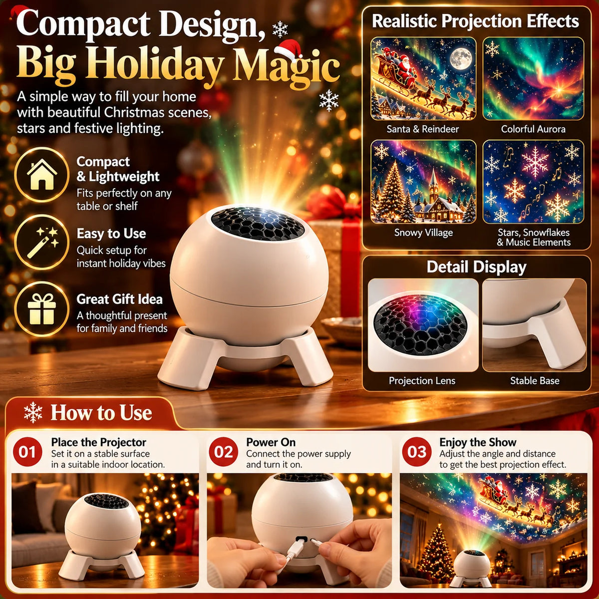 Christmas Projector Light Indoor Festive Projection Compact Design