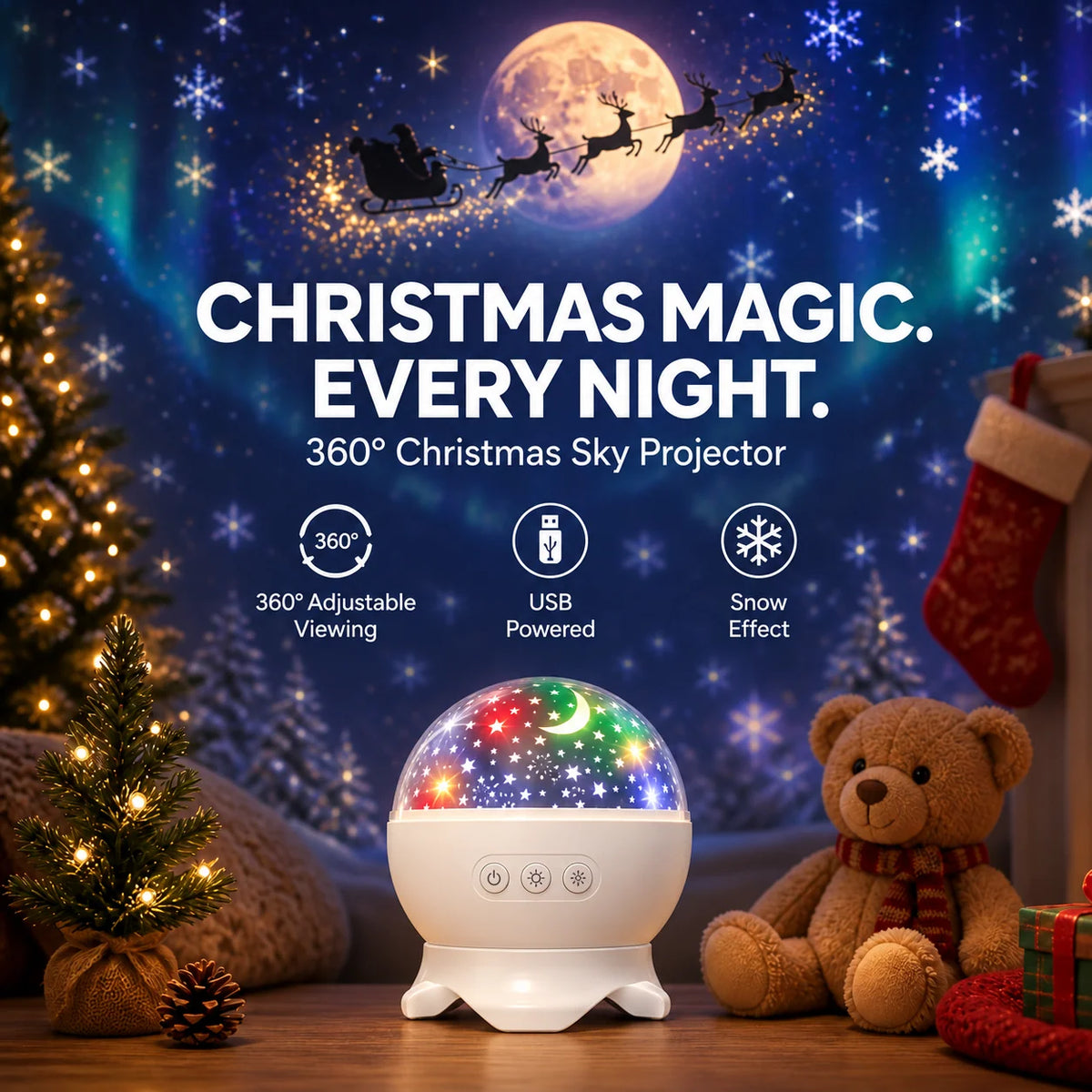 Christmas Projector Santa Sleigh & Reindeer 360° Rotation