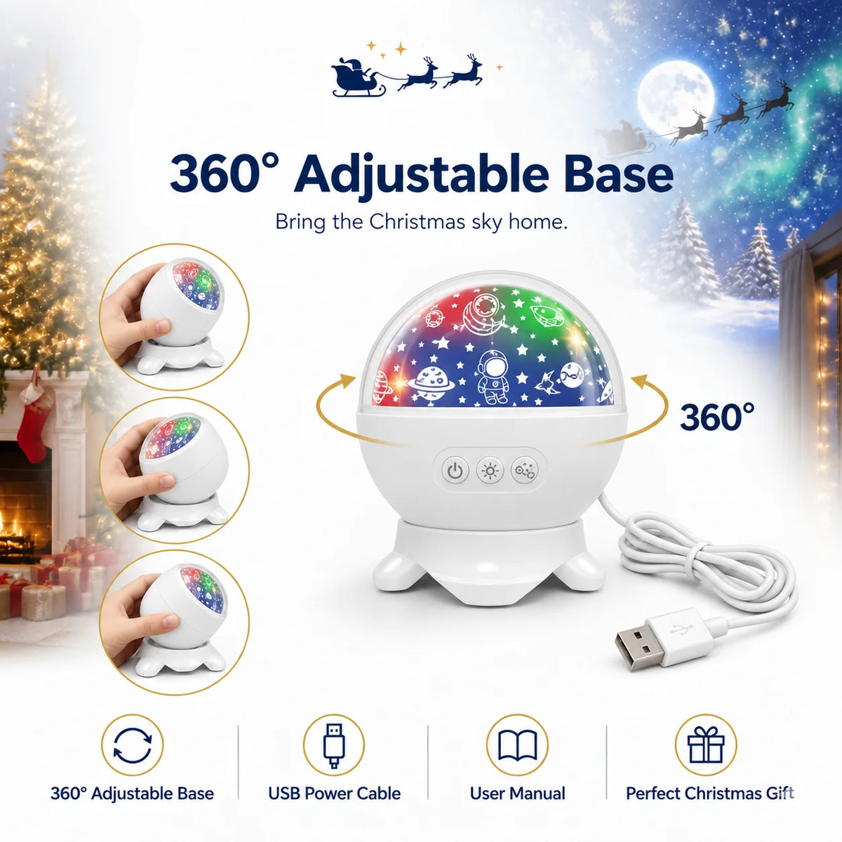 Christmas Projector Santa Sleigh & Reindeer 360° Rotation