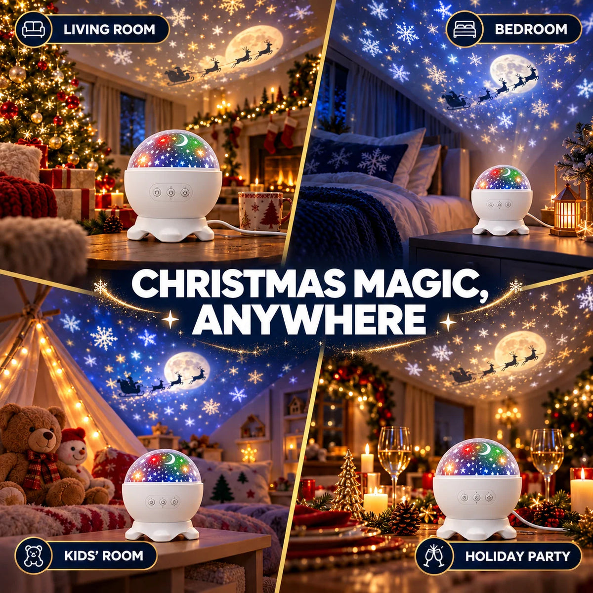 Christmas Projector Santa Sleigh & Reindeer 360° Rotation