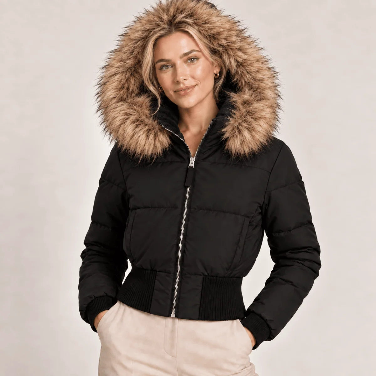 Cropped Puffer Jacket Quilted Faux Fur Hood Side Pockets