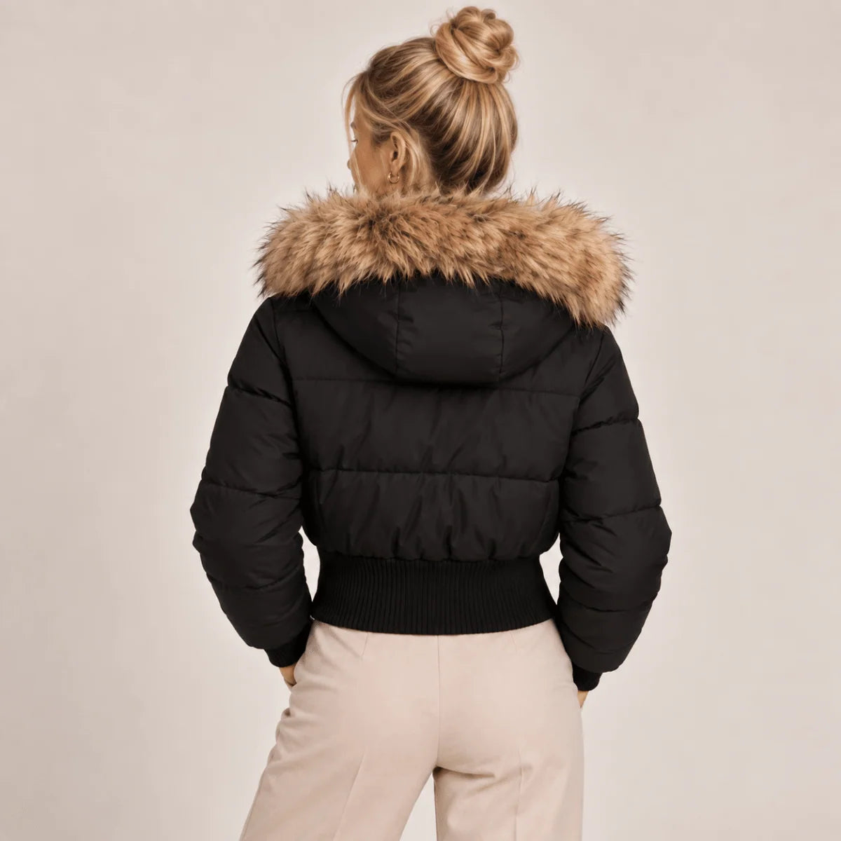Cropped Puffer Jacket Quilted Faux Fur Hood Side Pockets