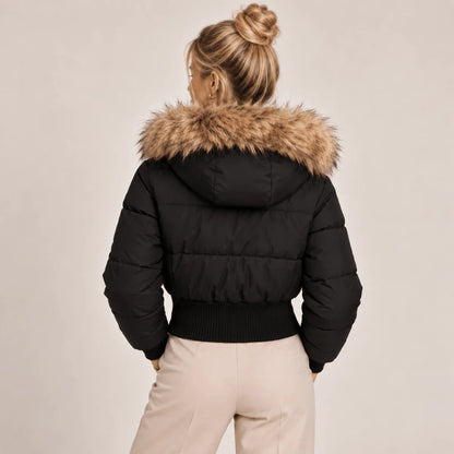 Cropped Puffer Jacket Quilted Faux Fur Hood Side Pockets