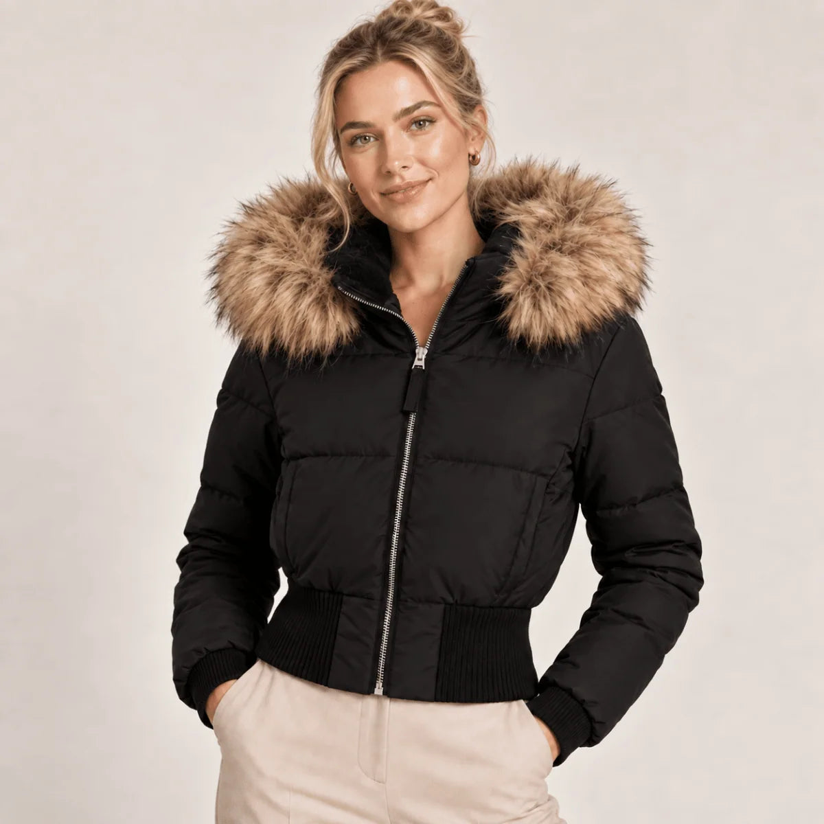 Cropped Puffer Jacket Quilted Faux Fur Hood Side Pockets