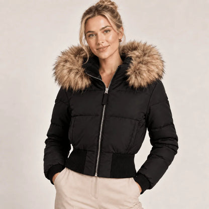 Cropped Puffer Jacket Quilted Faux Fur Hood Side Pockets
