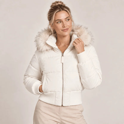 Cropped Puffer Jacket Quilted Faux Fur Hood Side Pockets