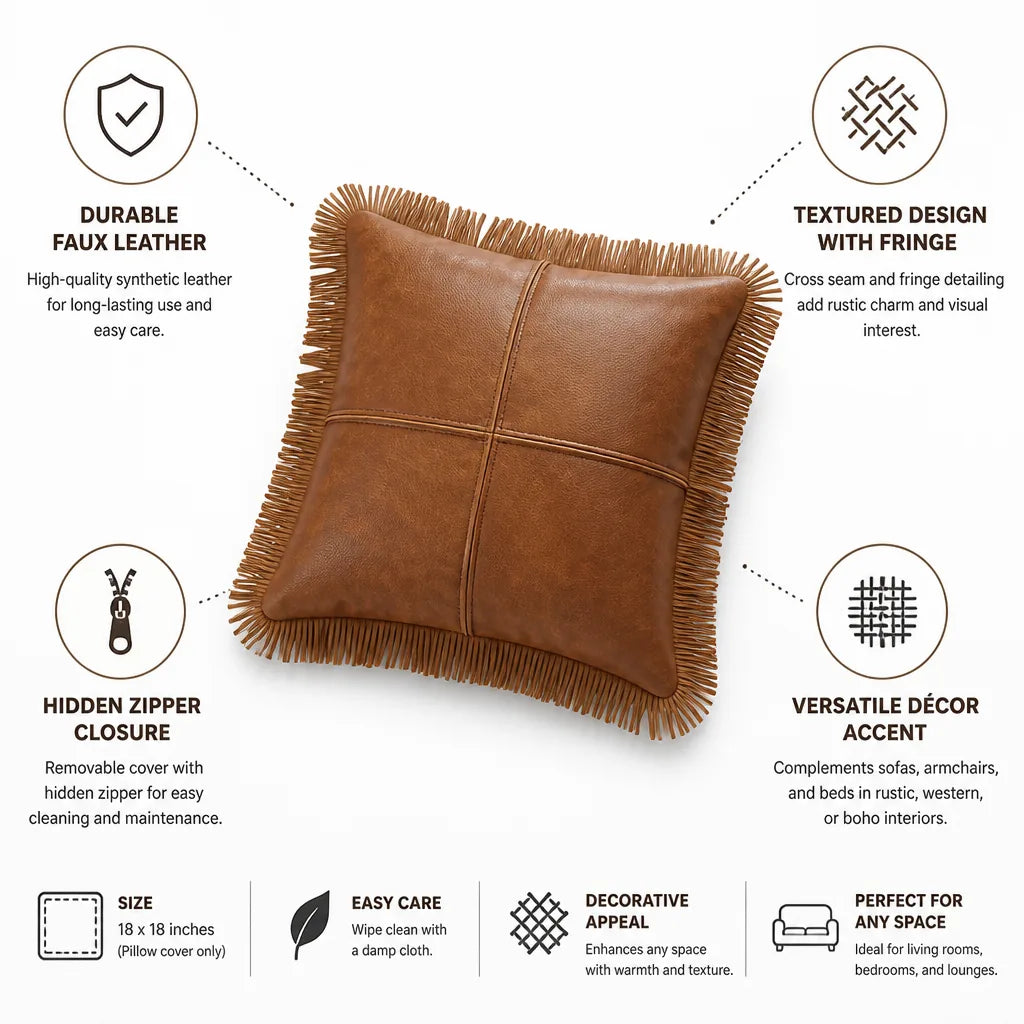 Cushion Cover Oil-Waxed Faux Leather Fringe