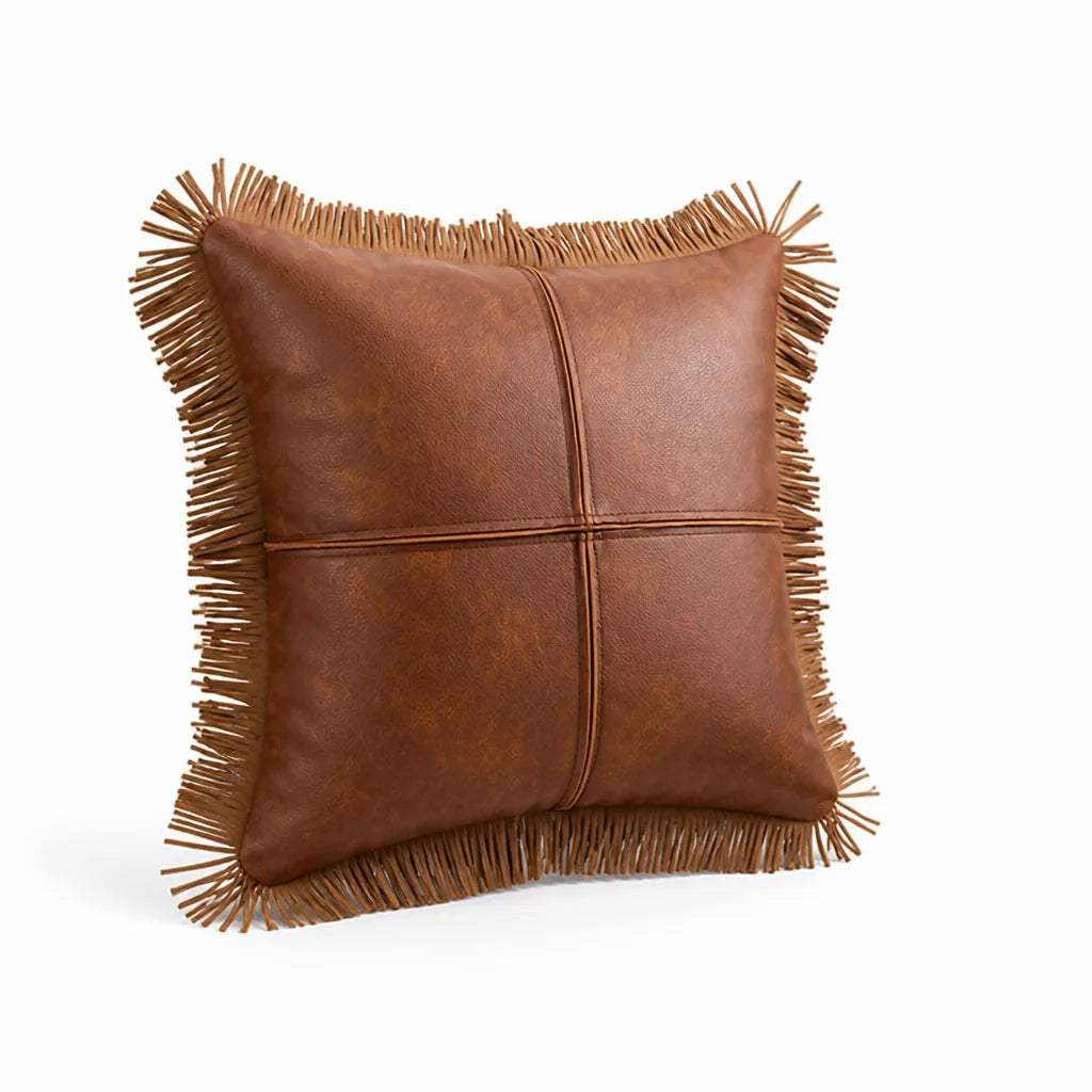 Cushion Cover Oil-Waxed Faux Leather Fringe