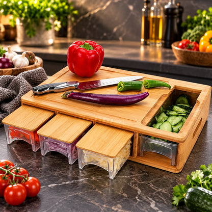 Cutting Board Bamboo 4 Storage Trays & Interchangeable Blades