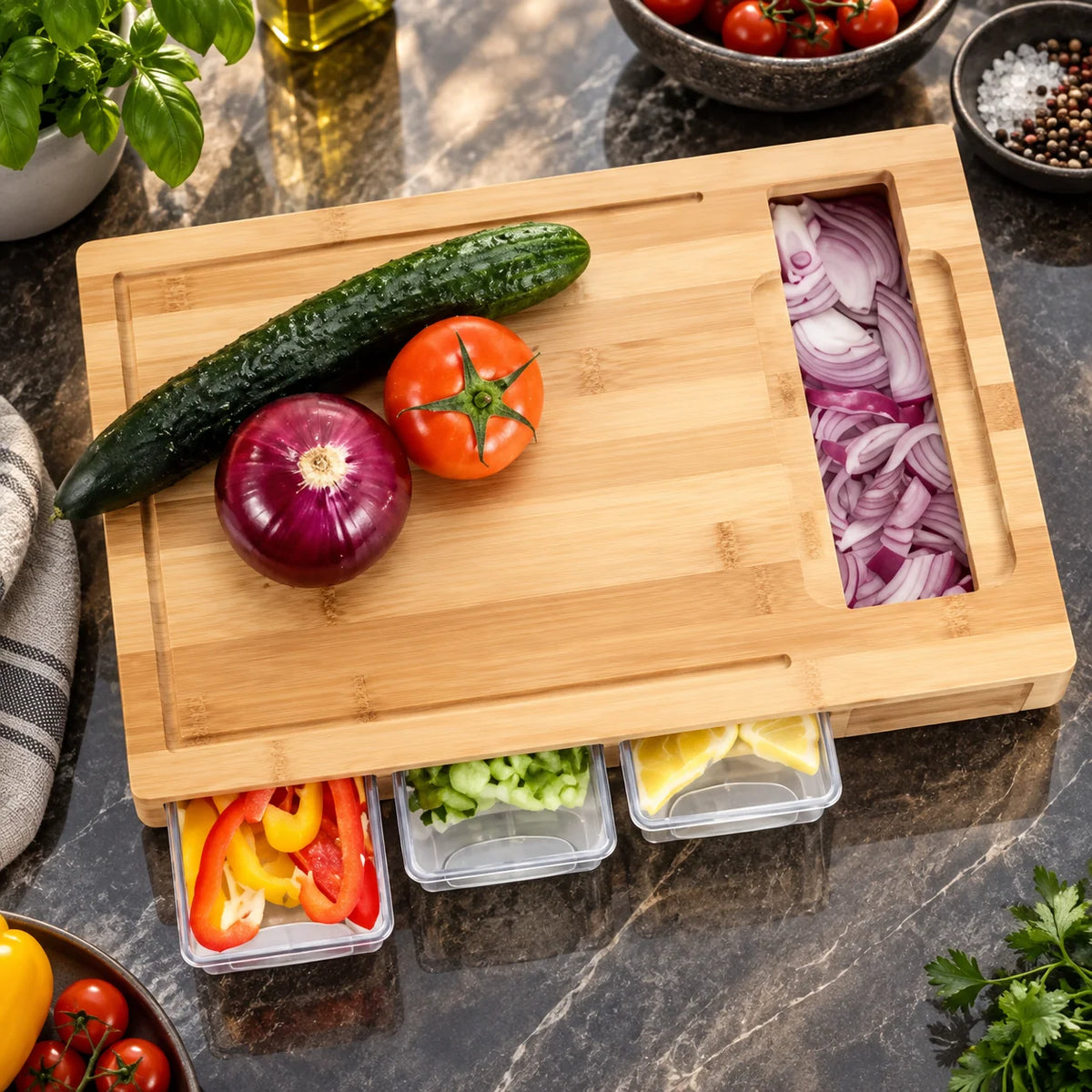 Cutting Board Bamboo 4 Storage Trays & Interchangeable Blades