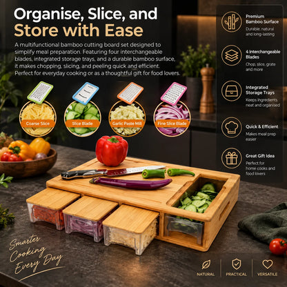 Cutting Board Bamboo 4 Storage Trays & Interchangeable Blades