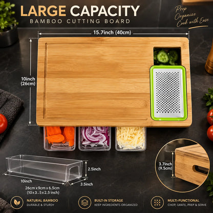 Cutting Board Bamboo 4 Storage Trays & Interchangeable Blades