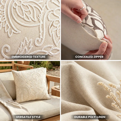 Decorative Pillow Cover Paisley Relief Embroidery Linen-Look