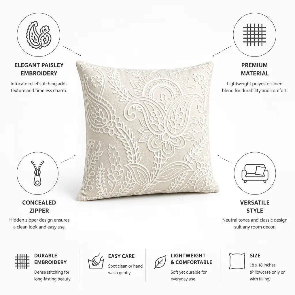 Decorative Pillow Cover Paisley Relief Embroidery Linen-Look