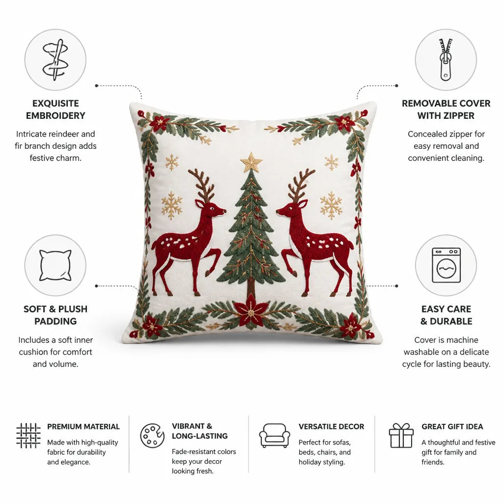 Decorative Pillow Embroidered Reindeer Removable Cover 18x18