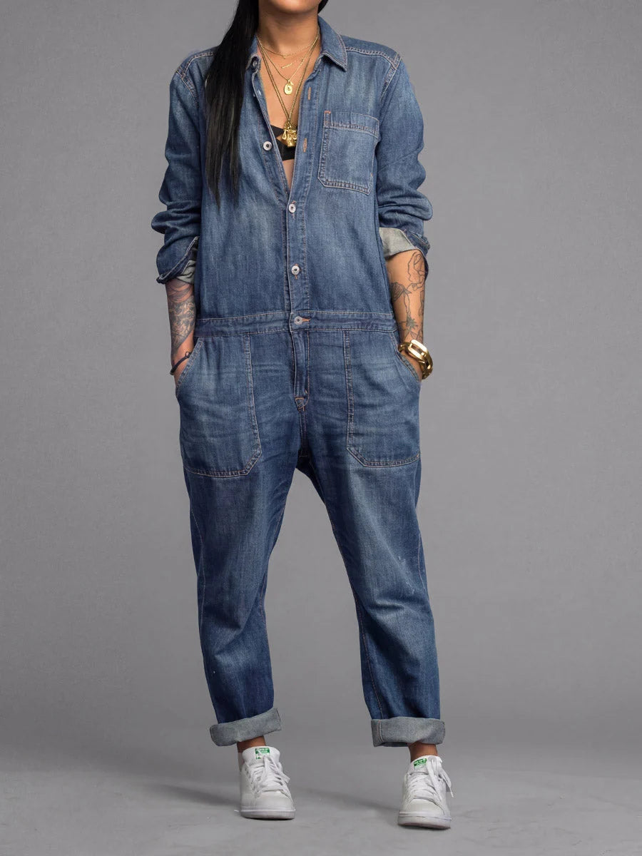 Denim Jumpsuit Lightweight Cotton Utility Pockets Button Front