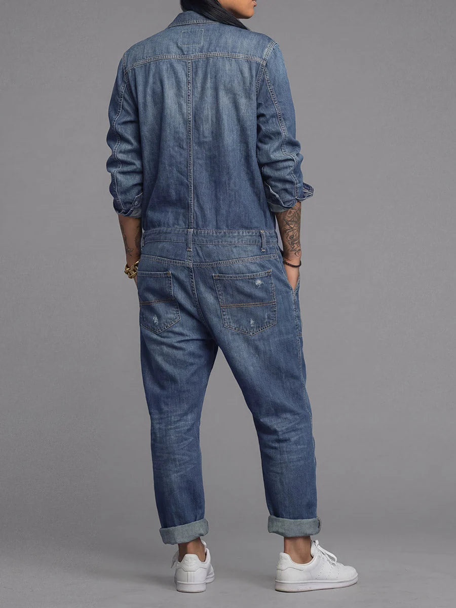 Denim Jumpsuit Lightweight Cotton Utility Pockets Button Front