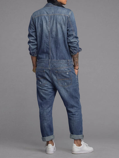 Denim Jumpsuit Lightweight Cotton Utility Pockets Button Front