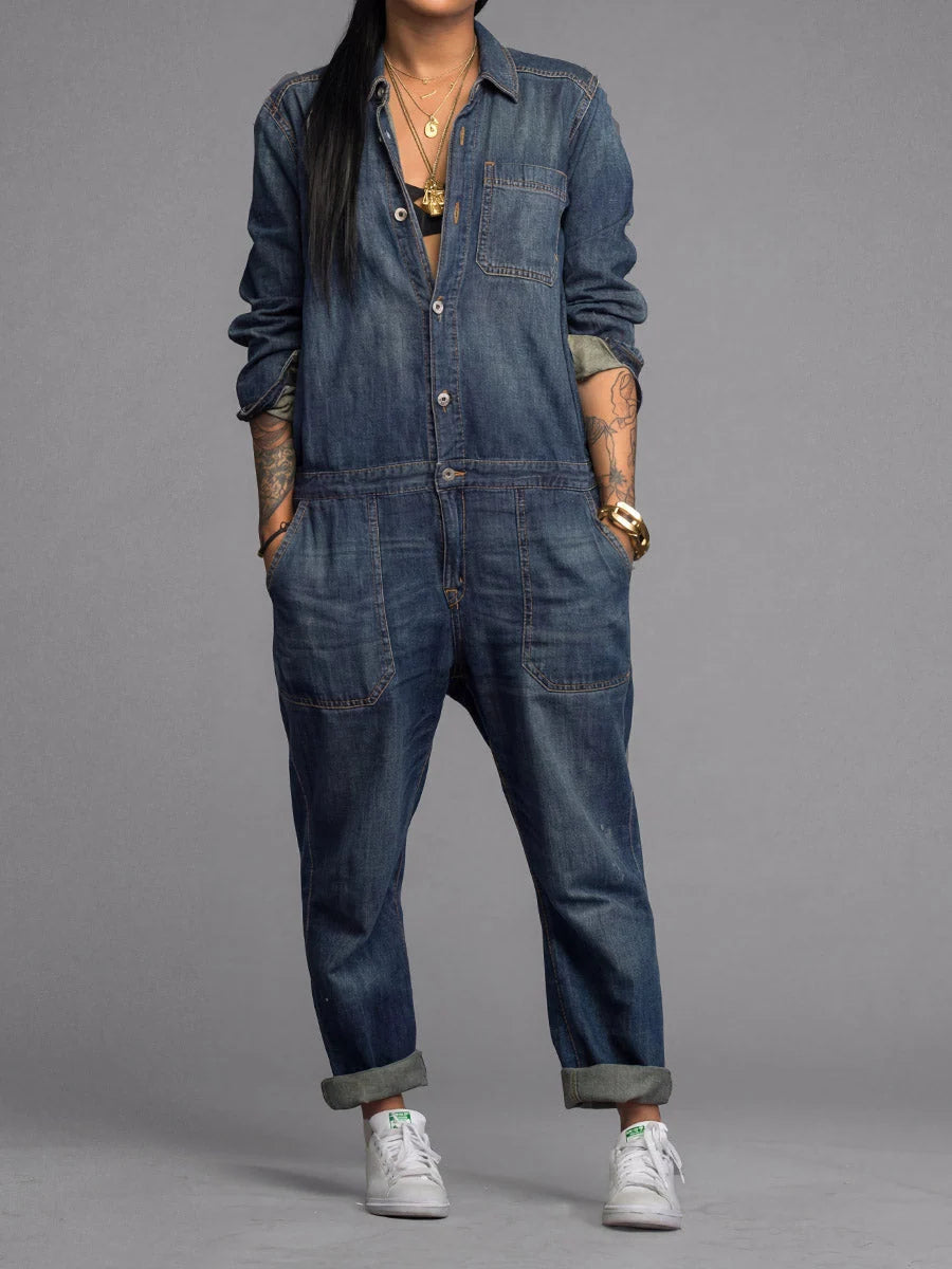 Denim Jumpsuit Lightweight Cotton Utility Pockets Button Front