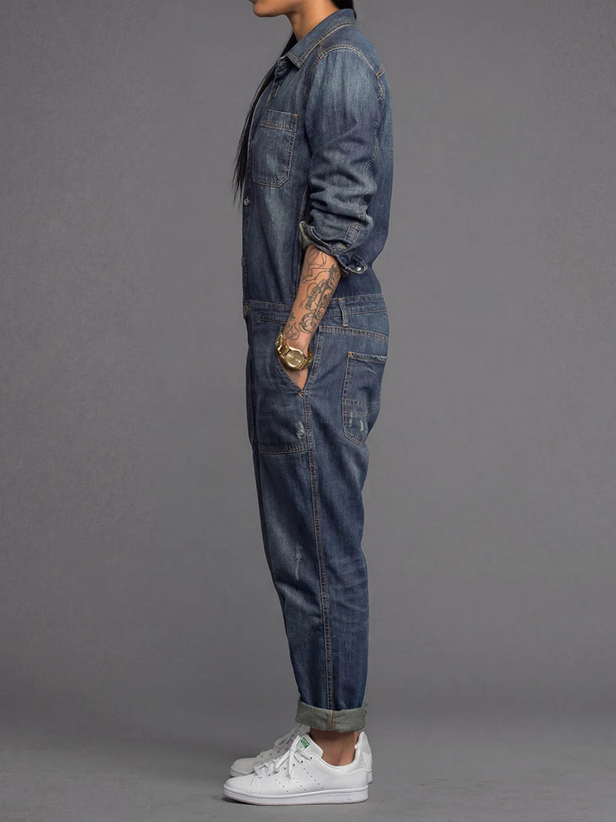 Denim Jumpsuit Lightweight Cotton Utility Pockets Button Front